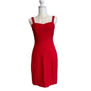 Vintage 70s Red Dress Womens Sz XS Sheath Knee Length Knit Strap Prom Sexy Cute
